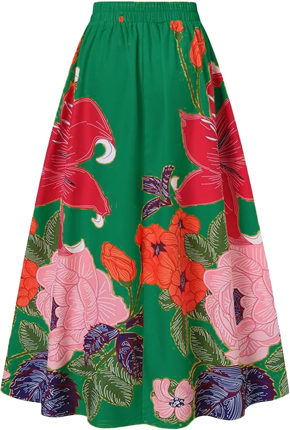 Women's Trendy Boho Maxi Skirt Floral Printed Summer High Waisted Mopping Floor Length Flowy Long Skirts with Pockets