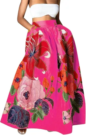 Women's Trendy Boho Maxi Skirt Floral Printed Summer High Waisted Mopping Floor Length Flowy Long Skirts with Pockets
