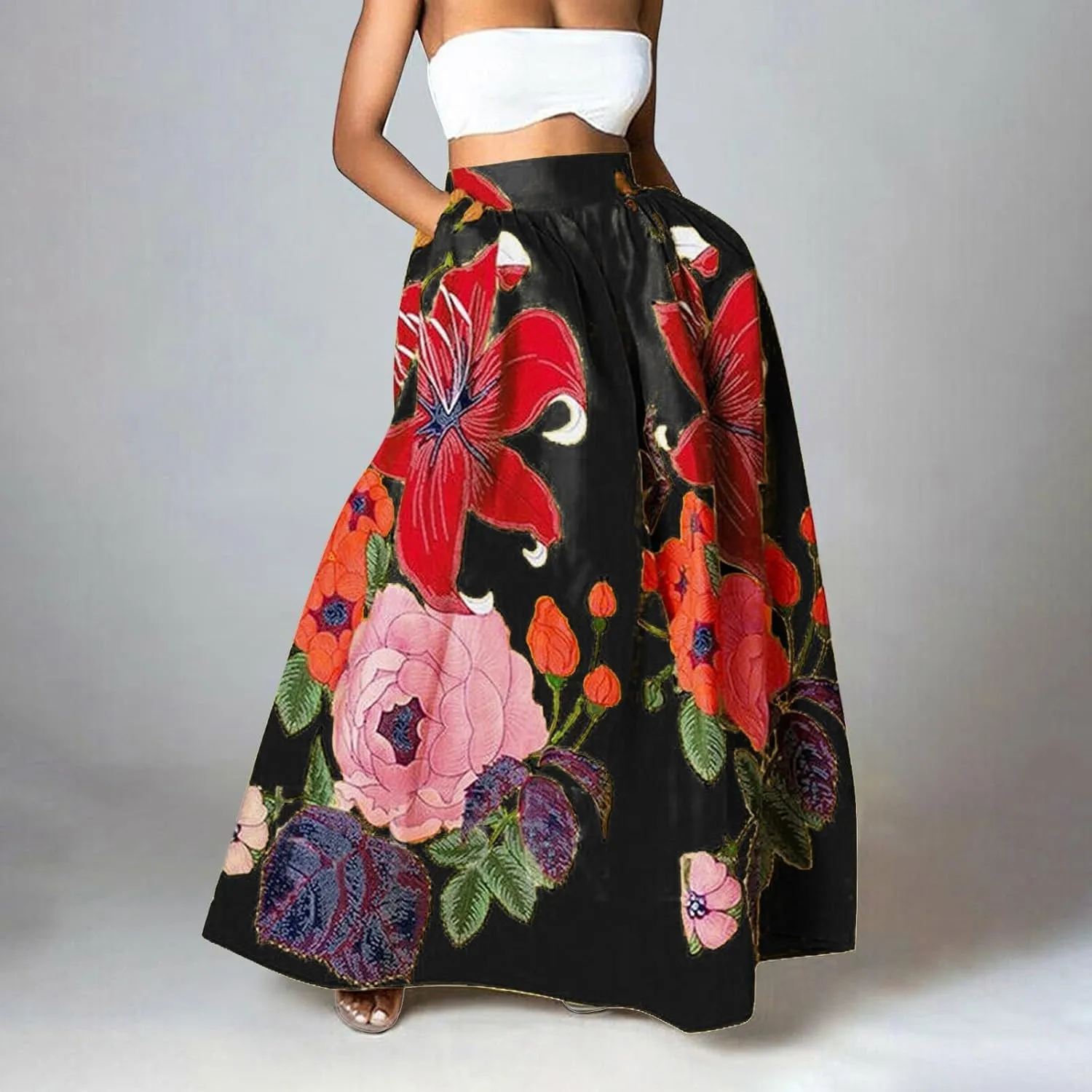 Women's Trendy Boho Maxi Skirt Floral Printed Summer High Waisted Mopping Floor Length Flowy Long Skirts with Pockets