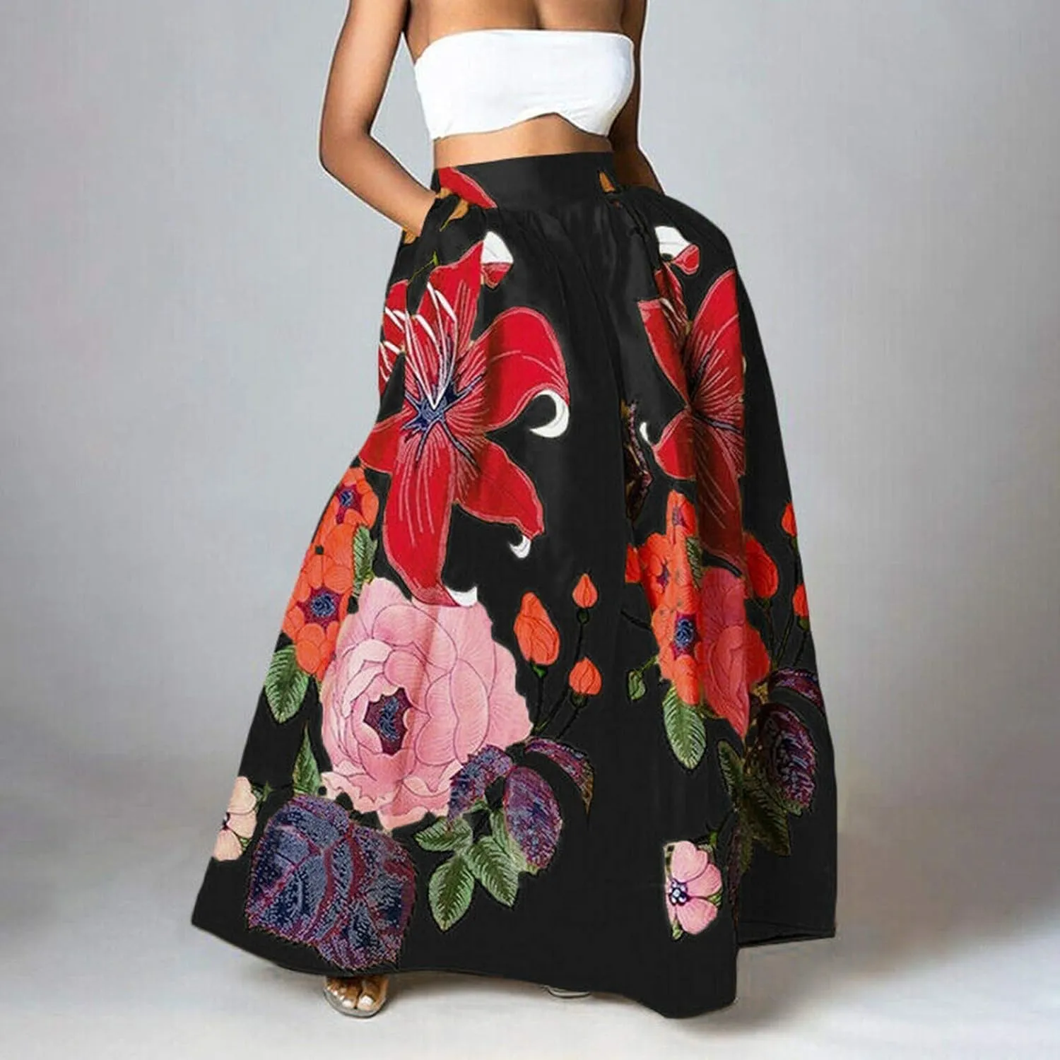 Women's Trendy Boho Maxi Skirt Floral Printed Summer High Waisted Mopping Floor Length Flowy Long Skirts with Pockets