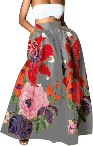 Women's Trendy Boho Maxi Skirt Floral Printed Summer High Waisted Mopping Floor Length Flowy Long Skirts with Pockets