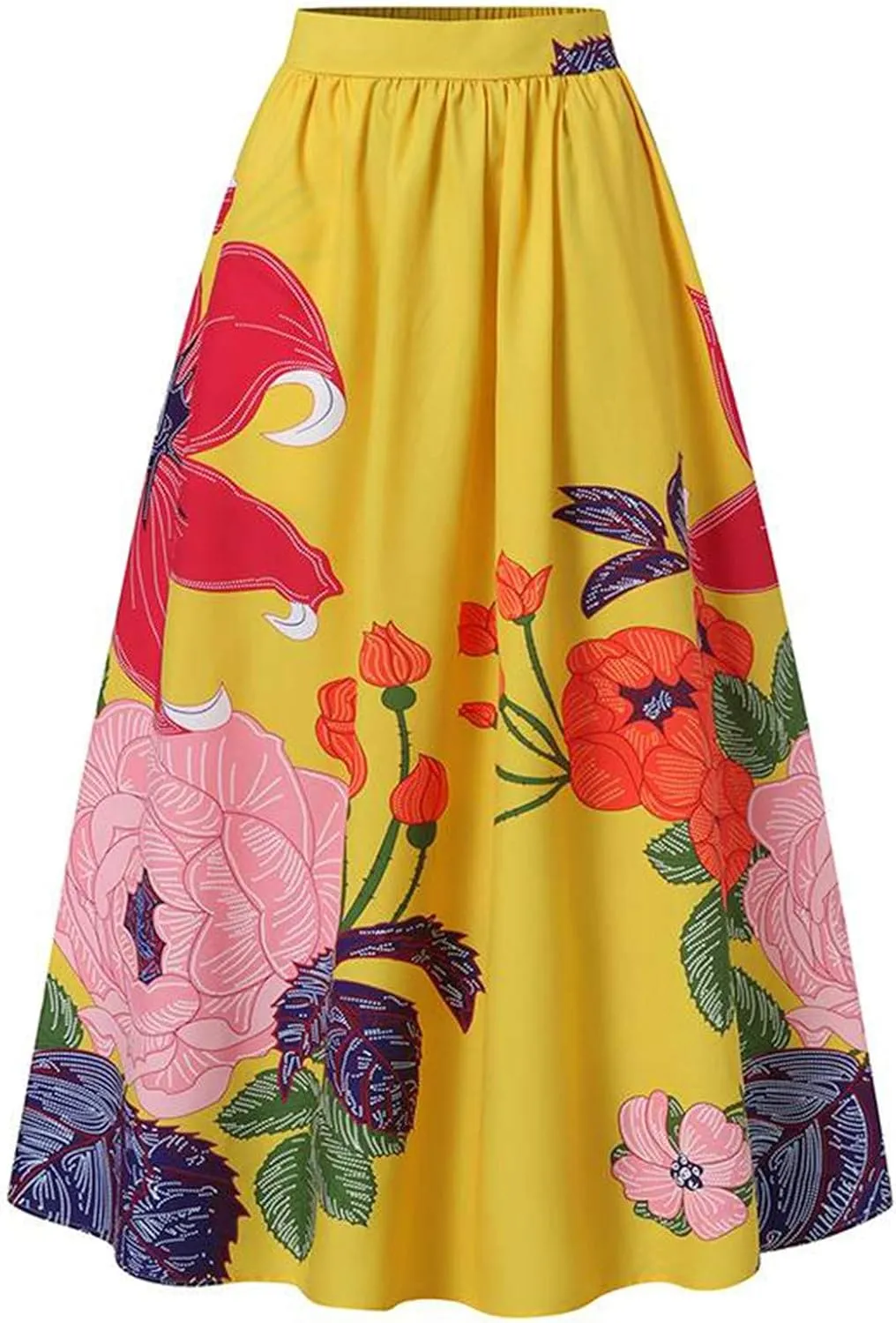 Women's Trendy Boho Maxi Skirt Floral Printed Summer High Waisted Mopping Floor Length Flowy Long Skirts with Pockets