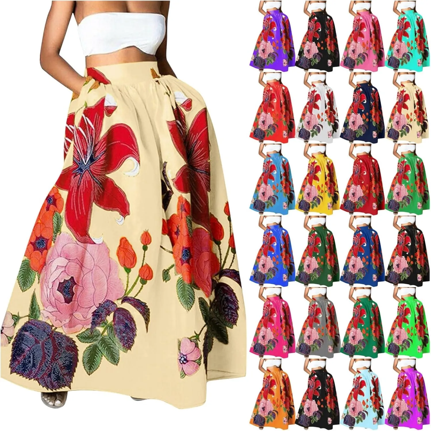 Women's Trendy Boho Maxi Skirt Floral Printed Summer High Waisted Mopping Floor Length Flowy Long Skirts with Pockets