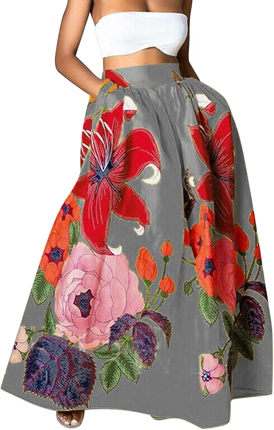 Women's Trendy Boho Maxi Skirt Floral Printed Summer High Waisted Mopping Floor Length Flowy Long Skirts with Pockets