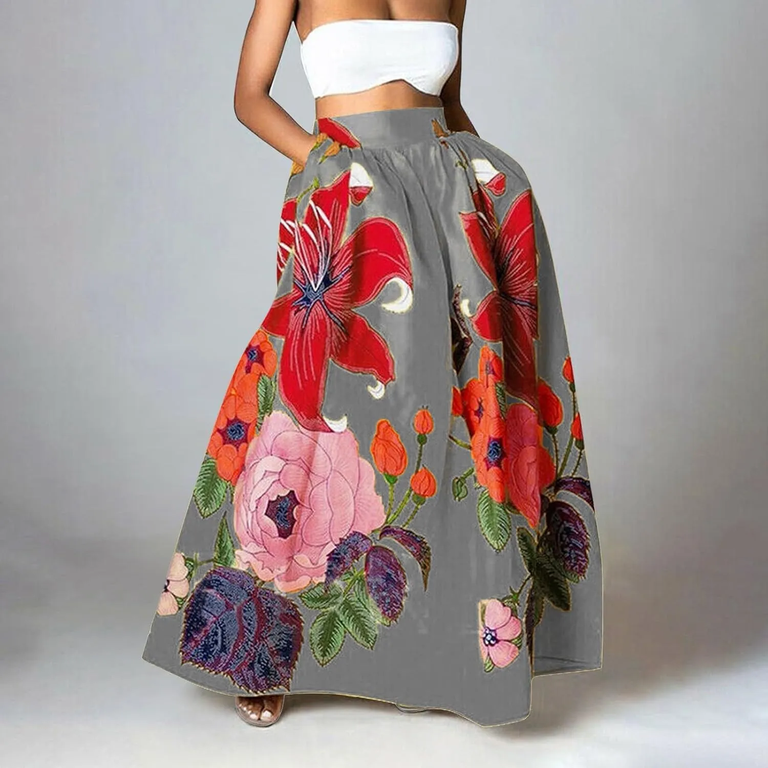 Women's Trendy Boho Maxi Skirt Floral Printed Summer High Waisted Mopping Floor Length Flowy Long Skirts with Pockets