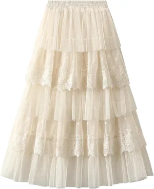 Womens Tulle Midi Skirt Dance Party A Line Elastic High Waisted Lace Skirt Mesh Puffy Long Maxi Skirt Holiday Skirts
