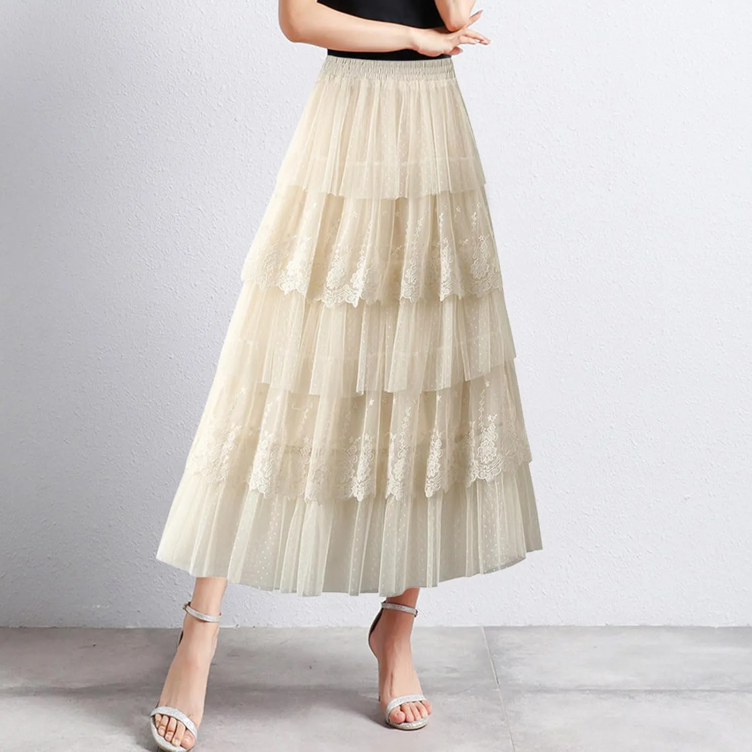 Womens Tulle Midi Skirt Dance Party A Line Elastic High Waisted Lace Skirt Mesh Puffy Long Maxi Skirt Holiday Skirts