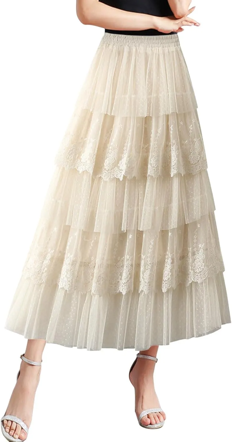 Womens Tulle Midi Skirt Dance Party A Line Elastic High Waisted Lace Skirt Mesh Puffy Long Maxi Skirt Holiday Skirts