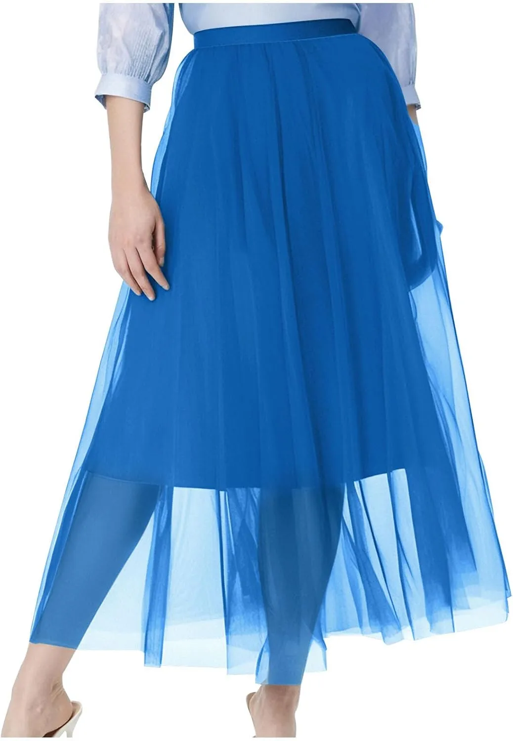Womens Tulle Skirt Elegant Pleated Skirts for Women Midi Length Elastic Waist Skirts Party Evening A Line Tutu Skirts