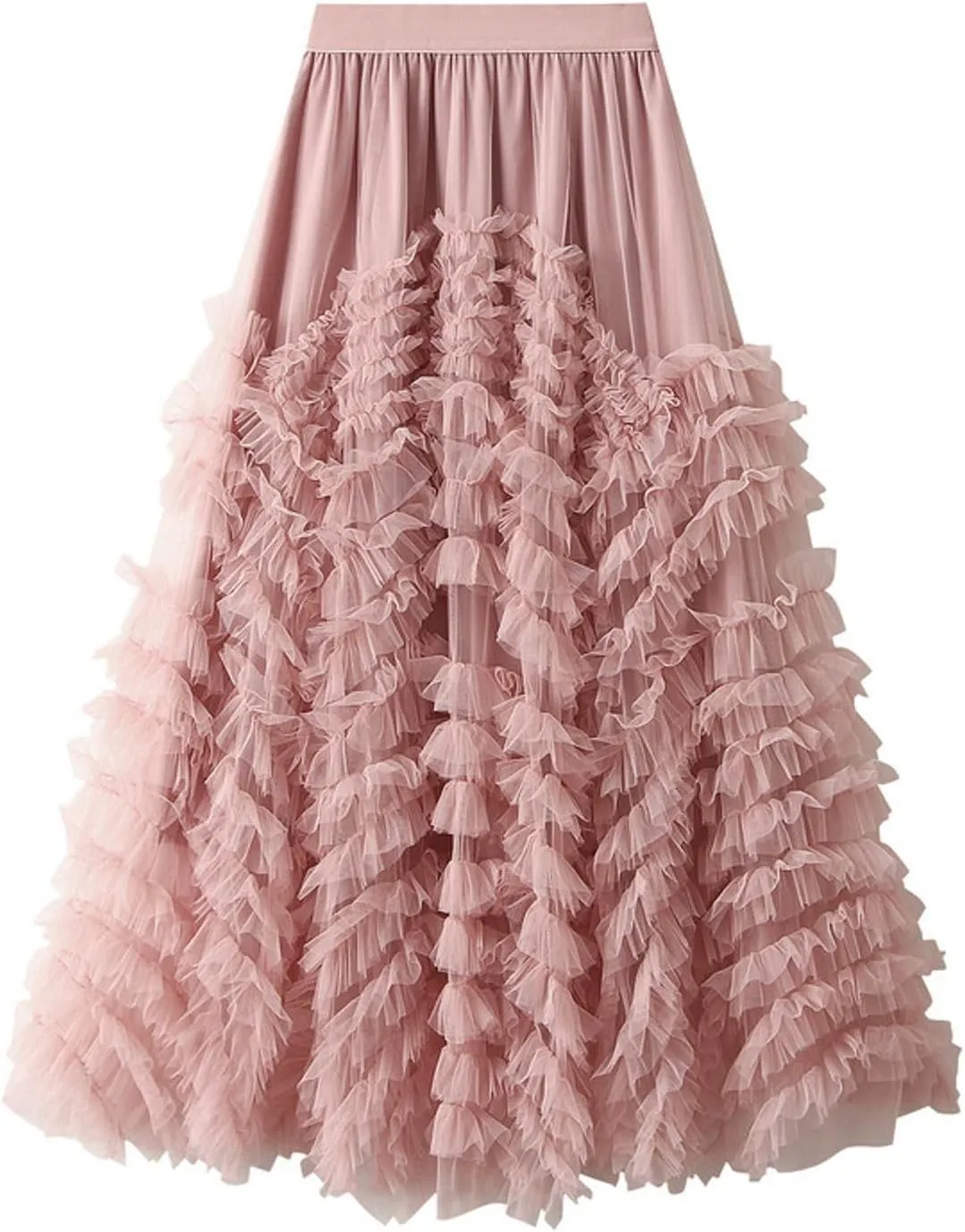 Women's Tulle Skirts Long Fairy Skirt Tiered Ruffles Tutu Puffy Skirt Elastic High Waist A-line Flowy Midi Long Skirt