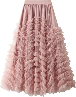 Women's Tulle Skirts Long Fairy Skirt Tiered Ruffles Tutu Puffy Skirt Elastic High Waist A-line Flowy Midi Long Skirt