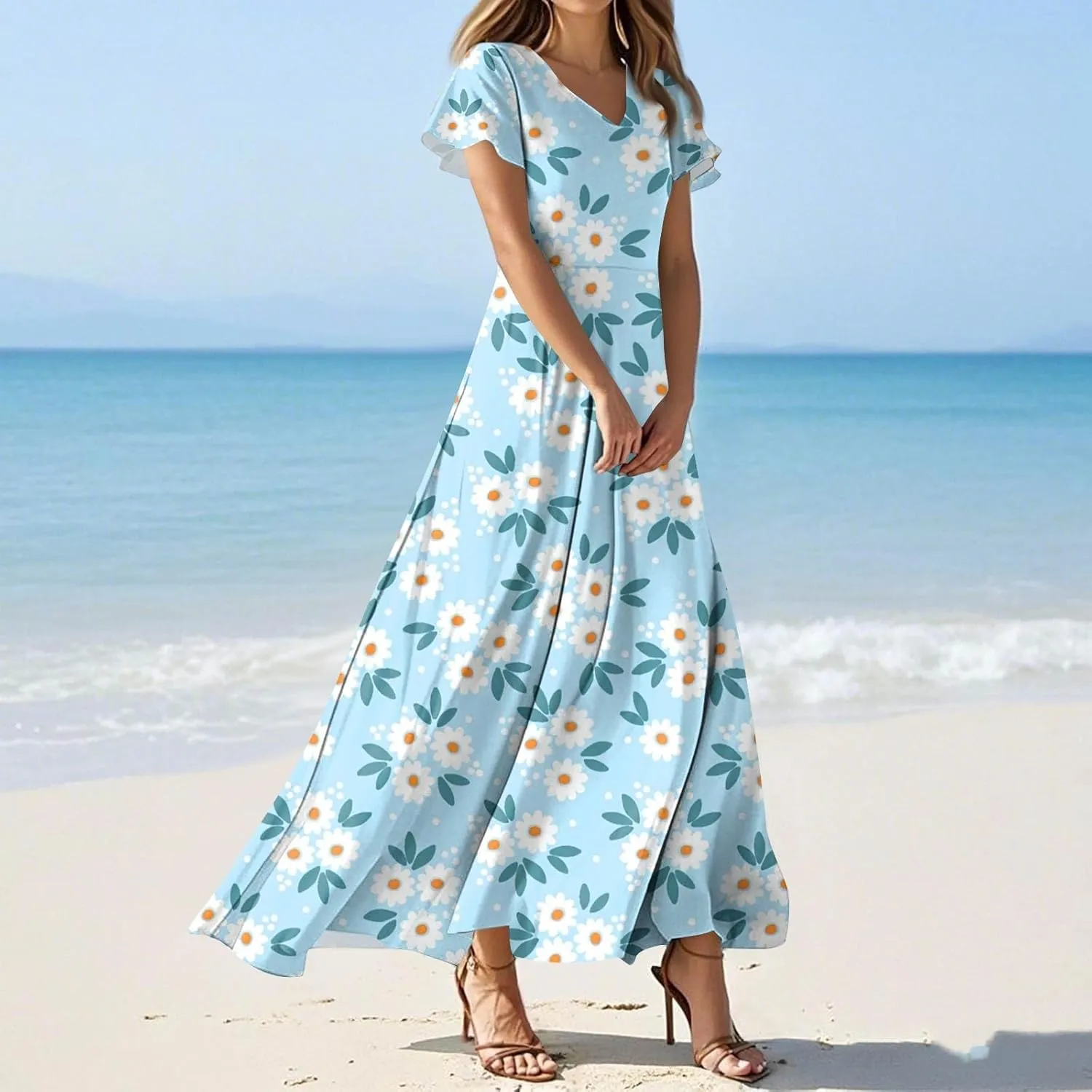 Women's Vacation Dresses Dresses 2025 Summer V Neck Ruffle Short Sleeve Floral Wedding Guest Maxi Dresses, XS-2XL