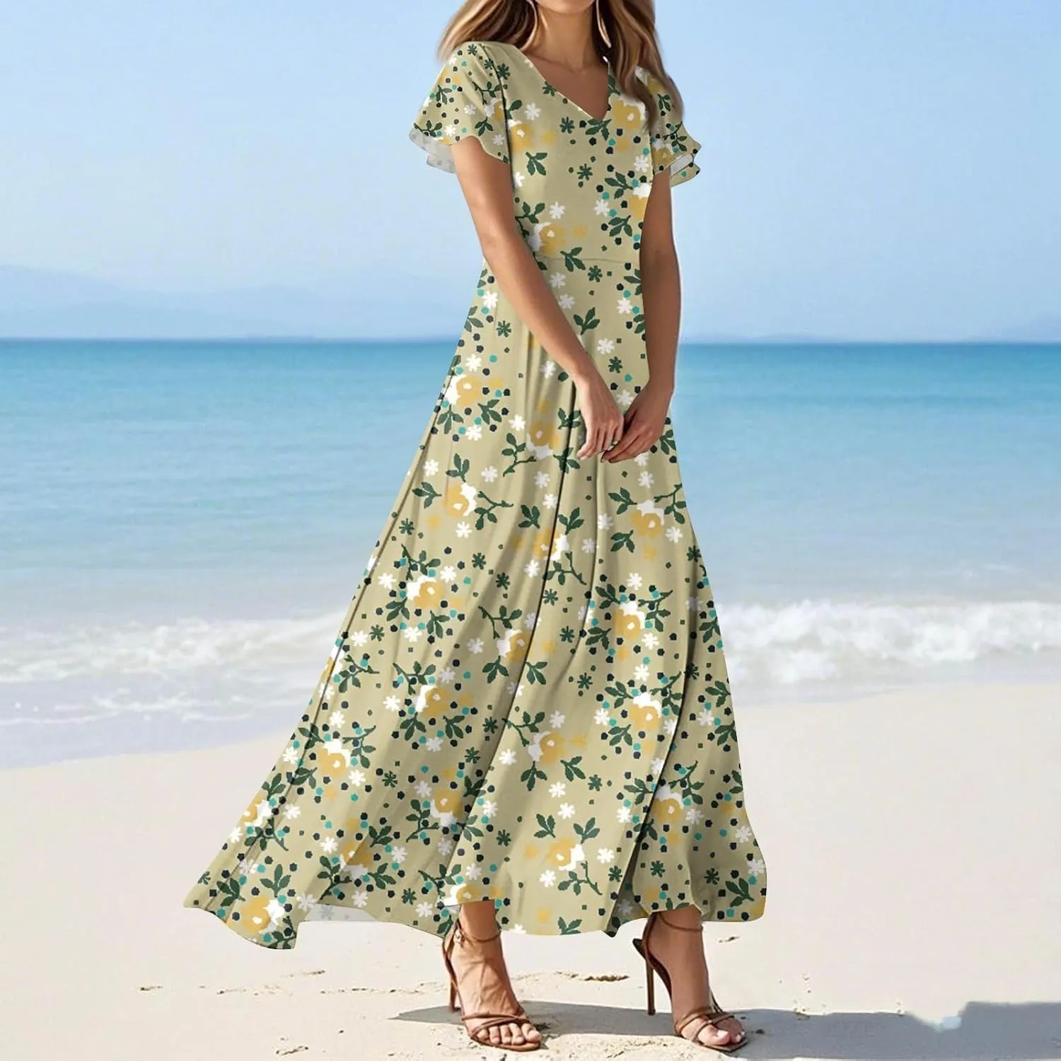 Women's Vacation Dresses Dresses 2025 Summer V Neck Ruffle Short Sleeve Floral Wedding Guest Maxi Dresses, XS-2XL