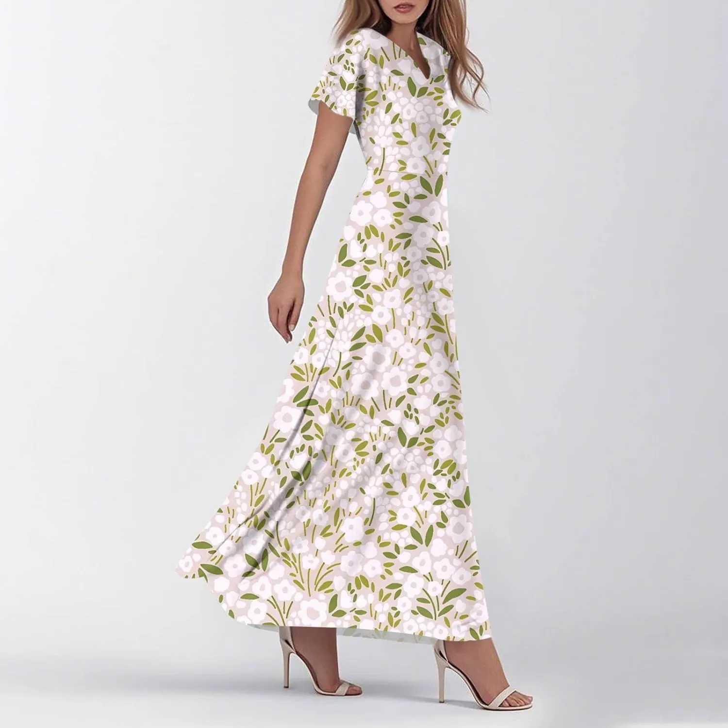 Women's Vacation Dresses Dresses 2025 Summer V Neck Ruffle Short Sleeve Floral Wedding Guest Maxi Dresses, XS-2XL
