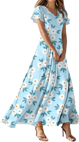 Women's Vacation Dresses Dresses 2025 Summer V Neck Ruffle Short Sleeve Floral Wedding Guest Maxi Dresses, XS-2XL