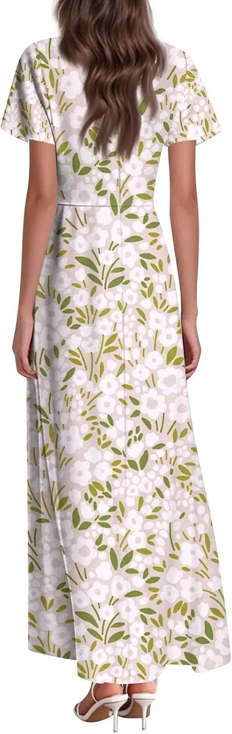 Women's Vacation Dresses Dresses 2025 Summer V Neck Ruffle Short Sleeve Floral Wedding Guest Maxi Dresses, XS-2XL