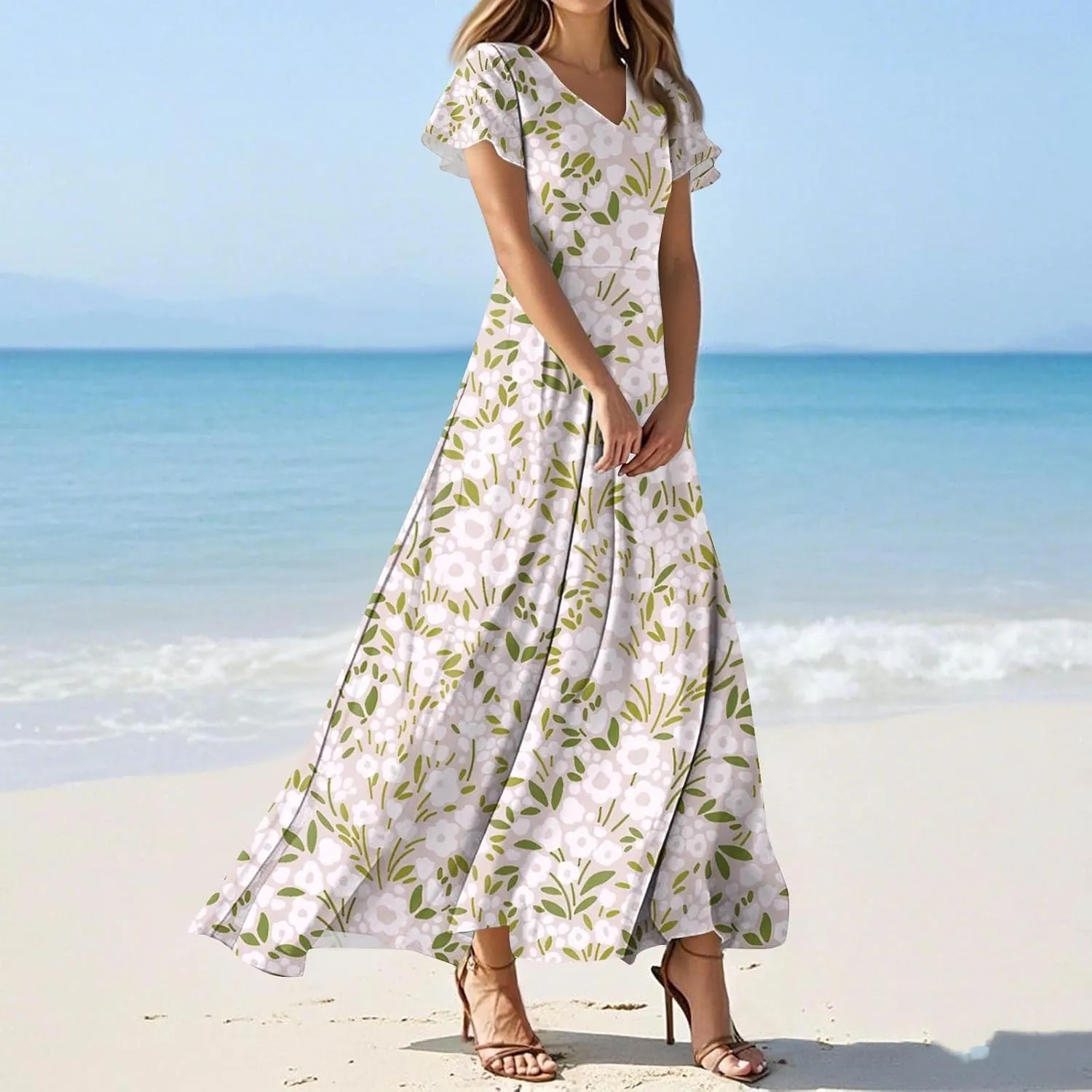 Women's Vacation Dresses Dresses 2025 Summer V Neck Ruffle Short Sleeve Floral Wedding Guest Maxi Dresses, XS-2XL