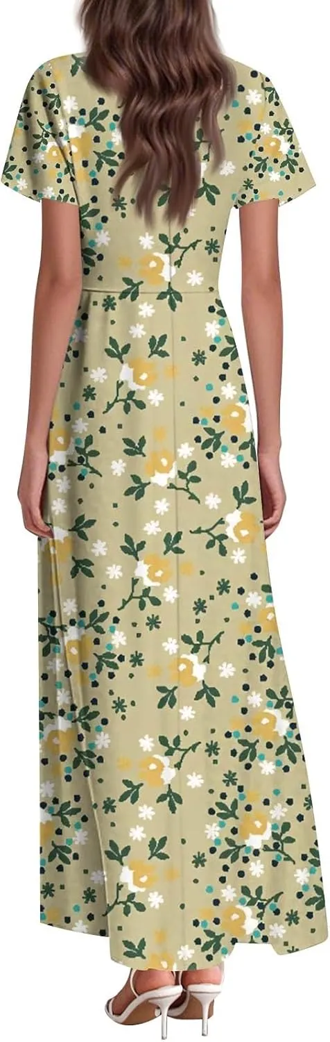 Women's Vacation Dresses Dresses 2025 Summer V Neck Ruffle Short Sleeve Floral Wedding Guest Maxi Dresses, XS-2XL