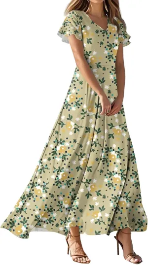 Women's Vacation Dresses Dresses 2025 Summer V Neck Ruffle Short Sleeve Floral Wedding Guest Maxi Dresses, XS-2XL