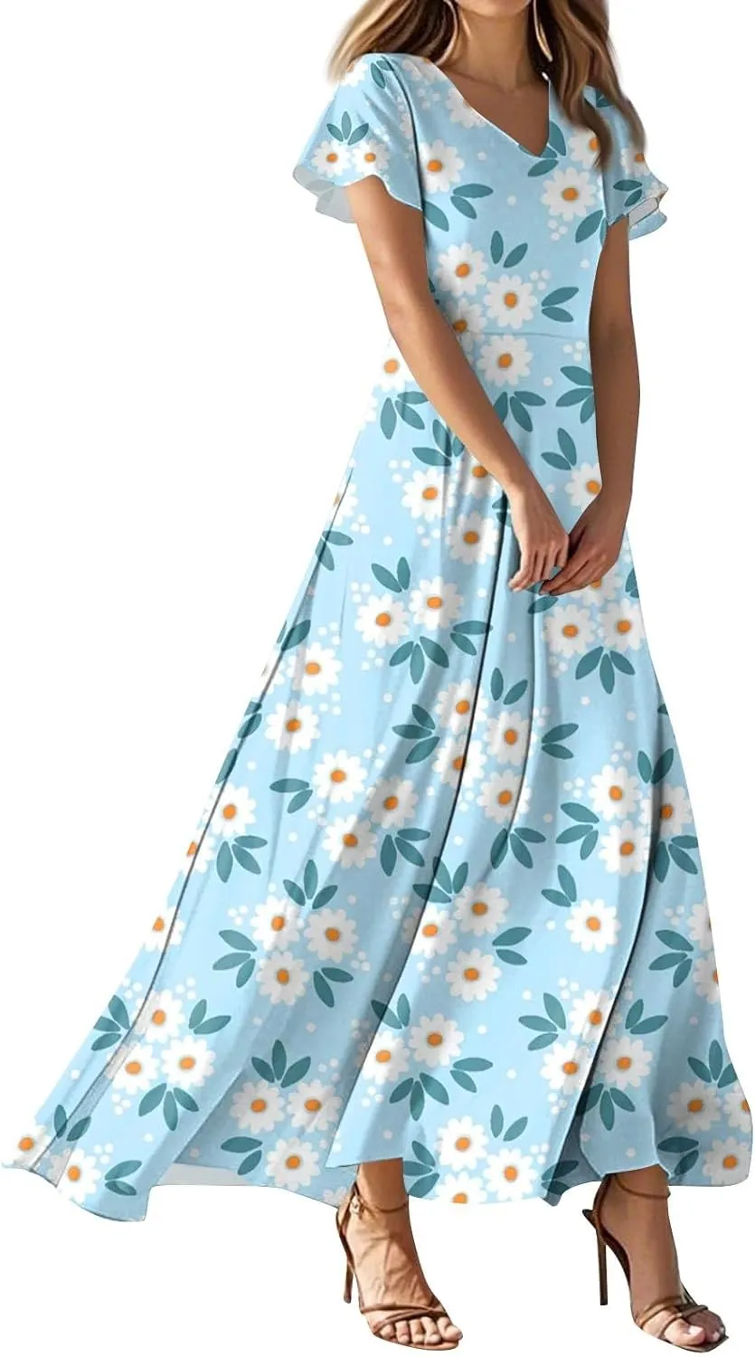 Women's Vacation Dresses Dresses 2025 Summer V Neck Ruffle Short Sleeve Floral Wedding Guest Maxi Dresses, XS-2XL