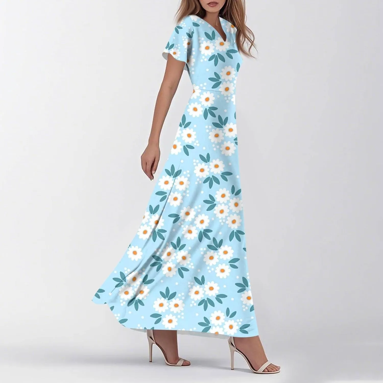 Women's Vacation Dresses Dresses 2025 Summer V Neck Ruffle Short Sleeve Floral Wedding Guest Maxi Dresses, XS-2XL