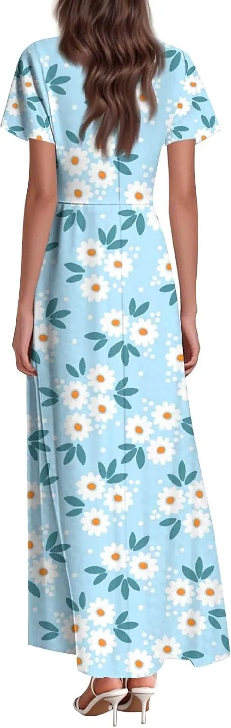 Women's Vacation Dresses Dresses 2025 Summer V Neck Ruffle Short Sleeve Floral Wedding Guest Maxi Dresses, XS-2XL