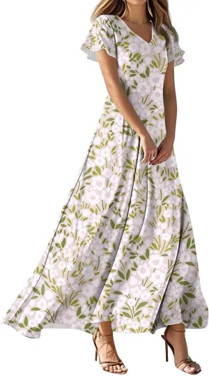 Women's Vacation Dresses Dresses 2025 Summer V Neck Ruffle Short Sleeve Floral Wedding Guest Maxi Dresses, XS-2XL
