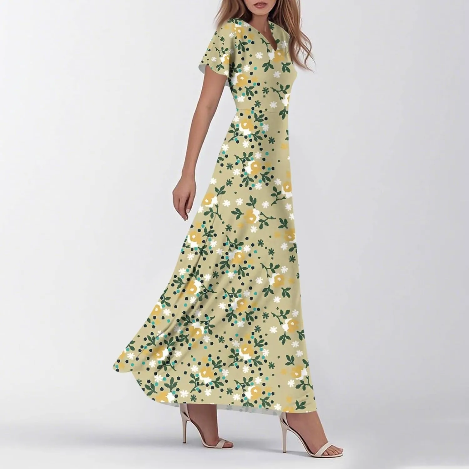 Women's Vacation Dresses Dresses 2025 Summer V Neck Ruffle Short Sleeve Floral Wedding Guest Maxi Dresses, XS-2XL