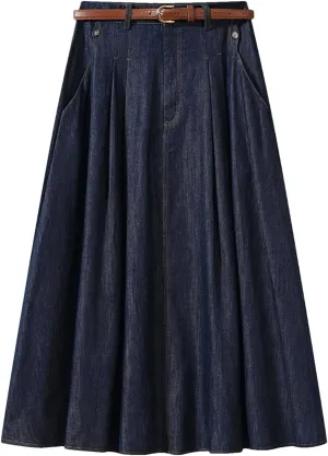 Women's Vintage Denim Midi Skirts Solid Thin High Waist A-Line Pleated Casual Skirt