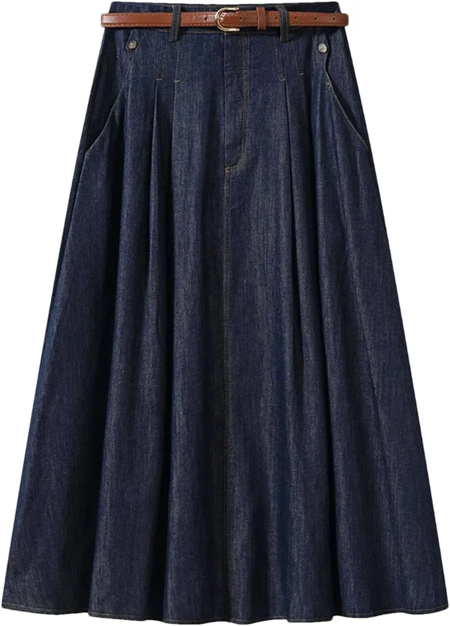 Women's Vintage Denim Midi Skirts Solid Thin High Waist A-Line Pleated Casual Skirt
