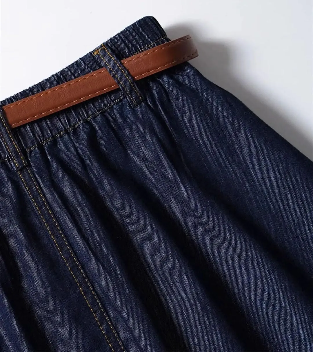 Women's Vintage Denim Midi Skirts Solid Thin High Waist A-Line Pleated Casual Skirt