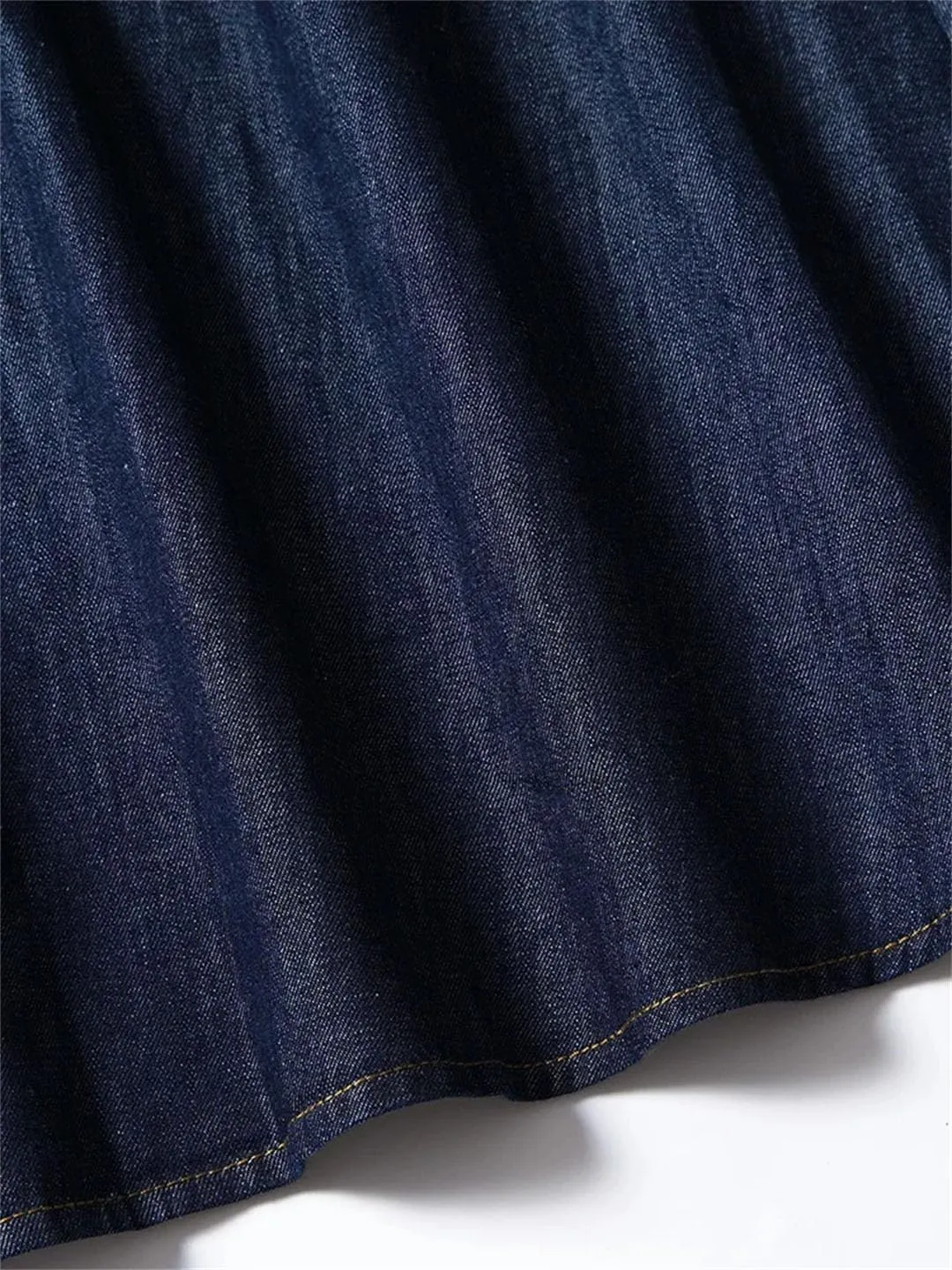 Women's Vintage Denim Midi Skirts Solid Thin High Waist A-Line Pleated Casual Skirt