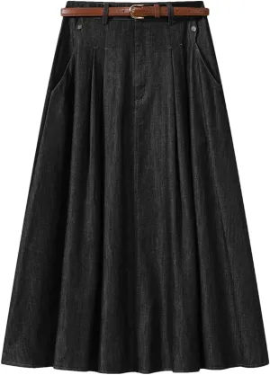 Women's Vintage Denim Midi Skirts Solid Thin High Waist A-Line Pleated Casual Skirt