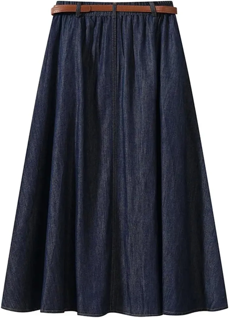 Women's Vintage Denim Midi Skirts Solid Thin High Waist A-Line Pleated Casual Skirt