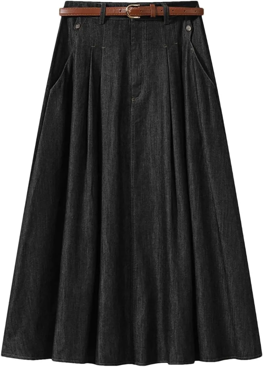 Women's Vintage Denim Midi Skirts Solid Thin High Waist A-Line Pleated Casual Skirt