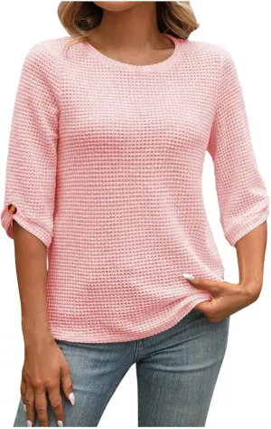 Womens Waffle Knit Shirts Fashion Short Sleeves with Button Crewneck Tunic Tops Casual Solid Loose Blouses Tees