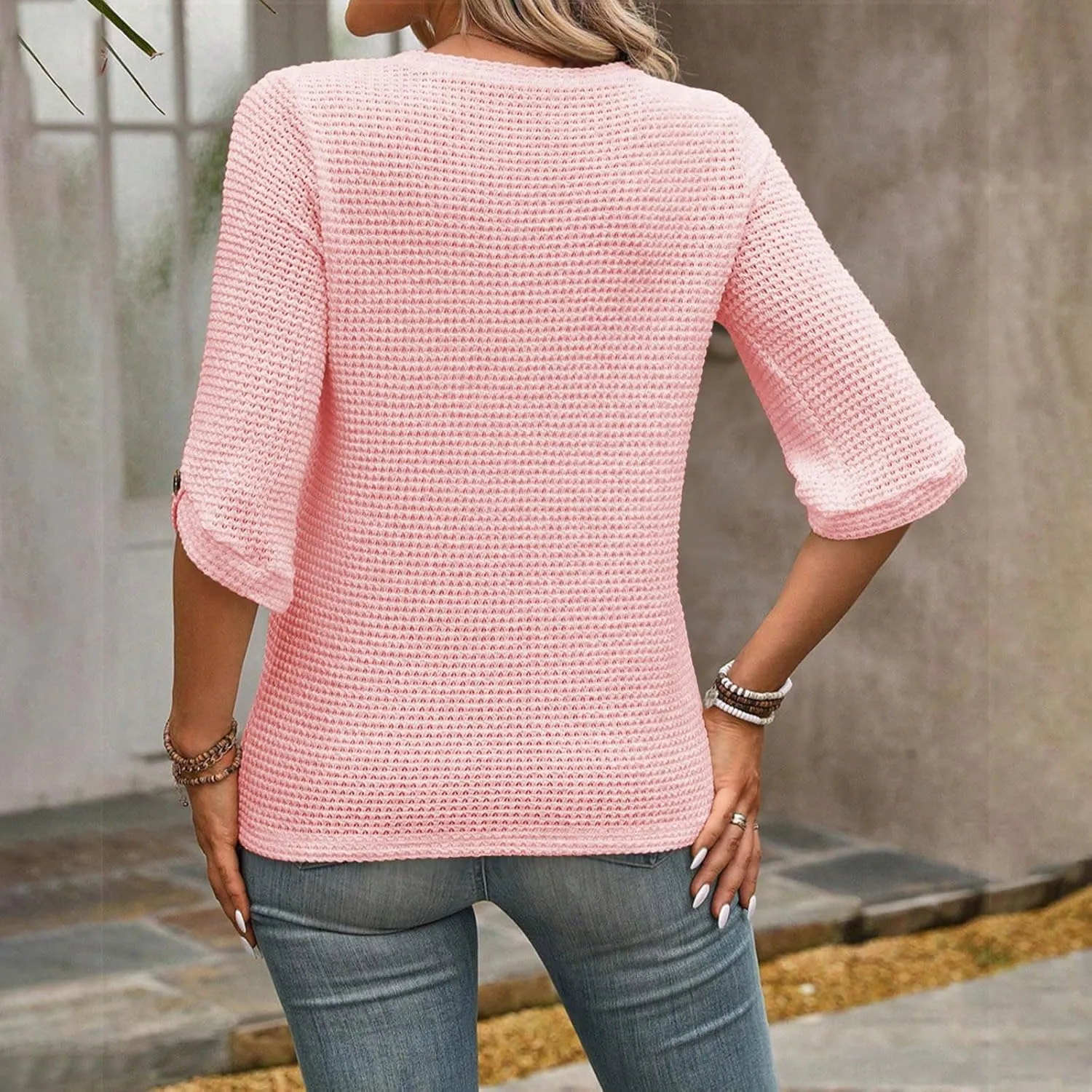 Womens Waffle Knit Shirts Fashion Short Sleeves with Button Crewneck Tunic Tops Casual Solid Loose Blouses Tees