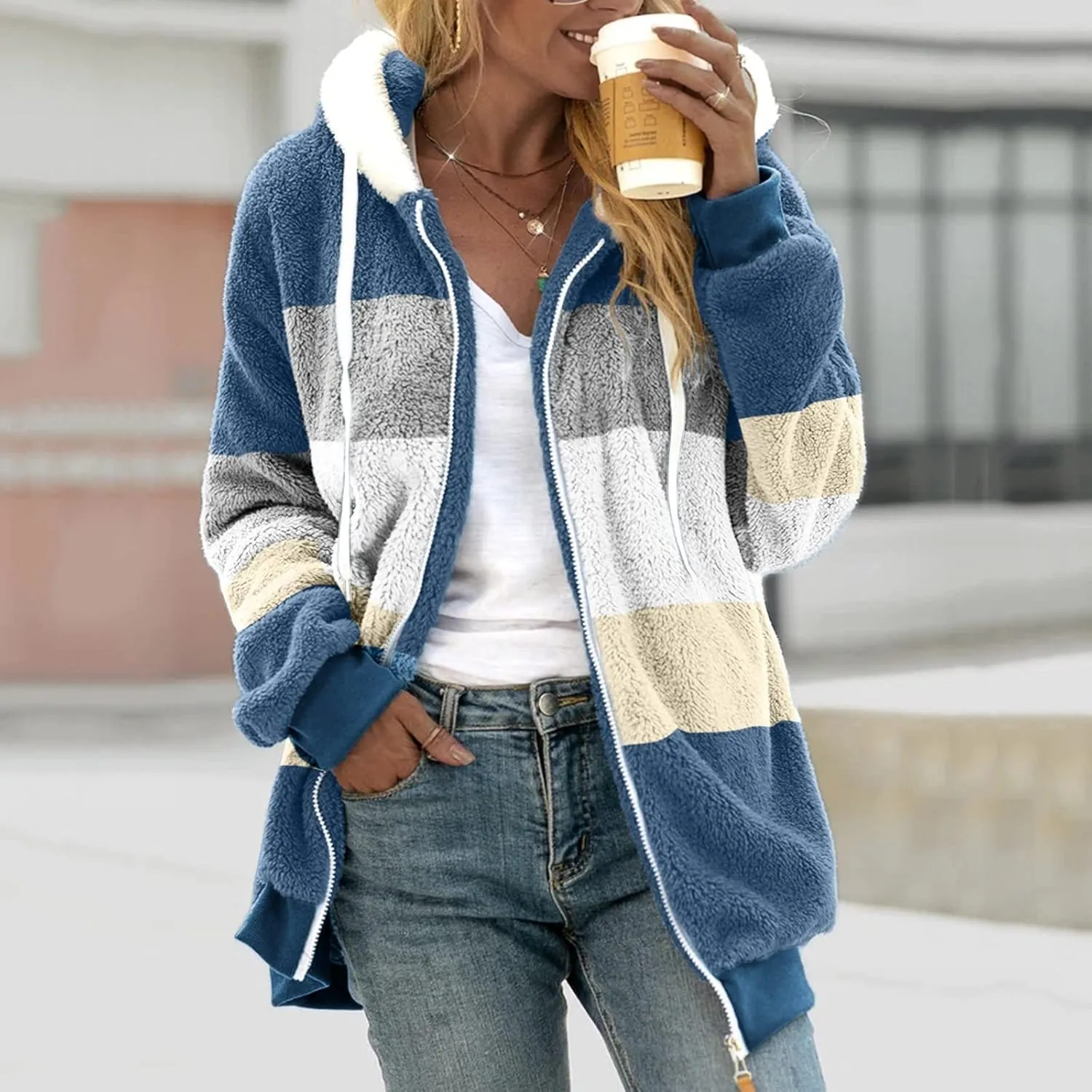 Women'S Winter Hoodies Loose Solid Color Artificial Wool Zipper Drawstring Long-Sleeved Warm Heavyweight Sweatshirt