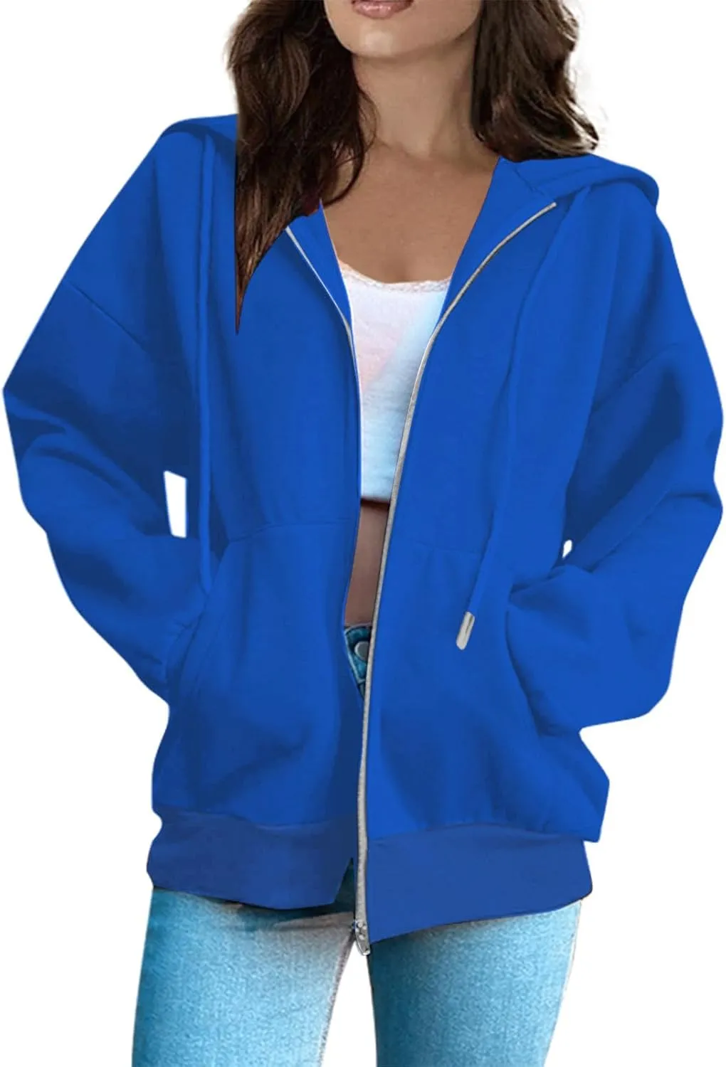 Women's Zip Up Hoodies Casual Fashion Solid Color Long Sleeve Drawstring Pullover Sweatshirt Tops With Pockets
