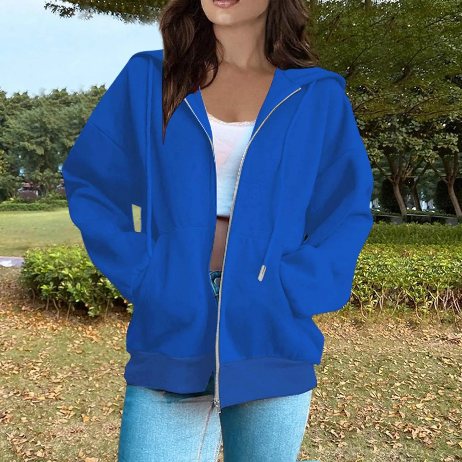 Women's Zip Up Hoodies Casual Fashion Solid Color Long Sleeve Drawstring Pullover Sweatshirt Tops With Pockets