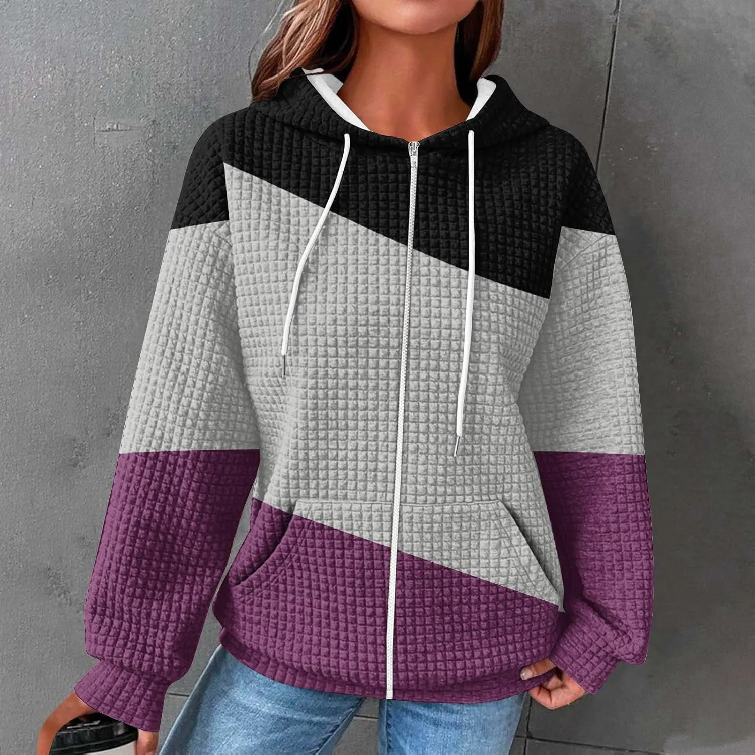 Womens Zip Up Hoodies Long Sleeve Color Block Waffle Knit Hooded Sweatshirt Comfy Oversized Sweatshirts