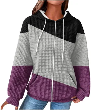 Womens Zip Up Hoodies Long Sleeve Color Block Waffle Knit Hooded Sweatshirt Comfy Oversized Sweatshirts