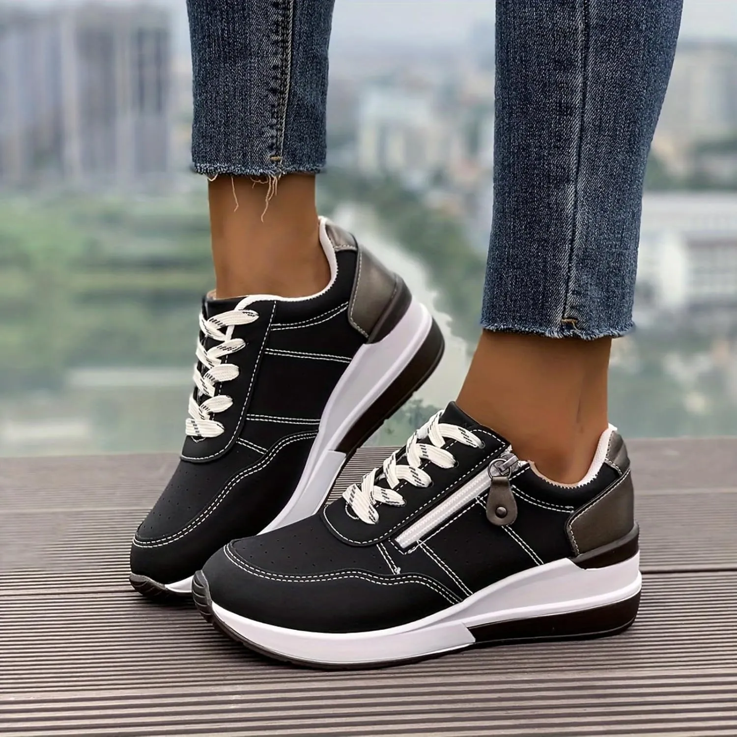 Women's Zipper Platform Tennis Shoes Wedge Sneakers Fashion Canvas Casual Hidden Heel Slip On Sneaker Non Side Low-Top Lace-Up Solid Color with Comfortable Lightweight Walking