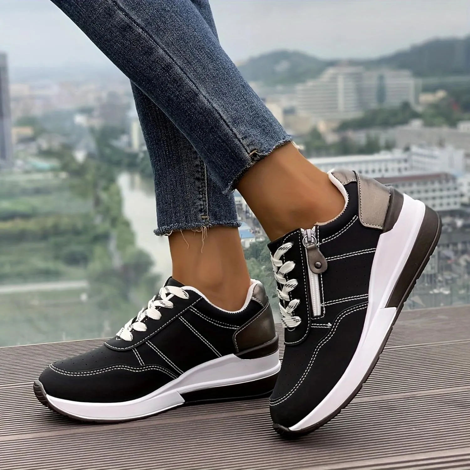 Women's Zipper Platform Tennis Shoes Wedge Sneakers Fashion Canvas Casual Hidden Heel Slip On Sneaker Non Side Low-Top Lace-Up Solid Color with Comfortable Lightweight Walking