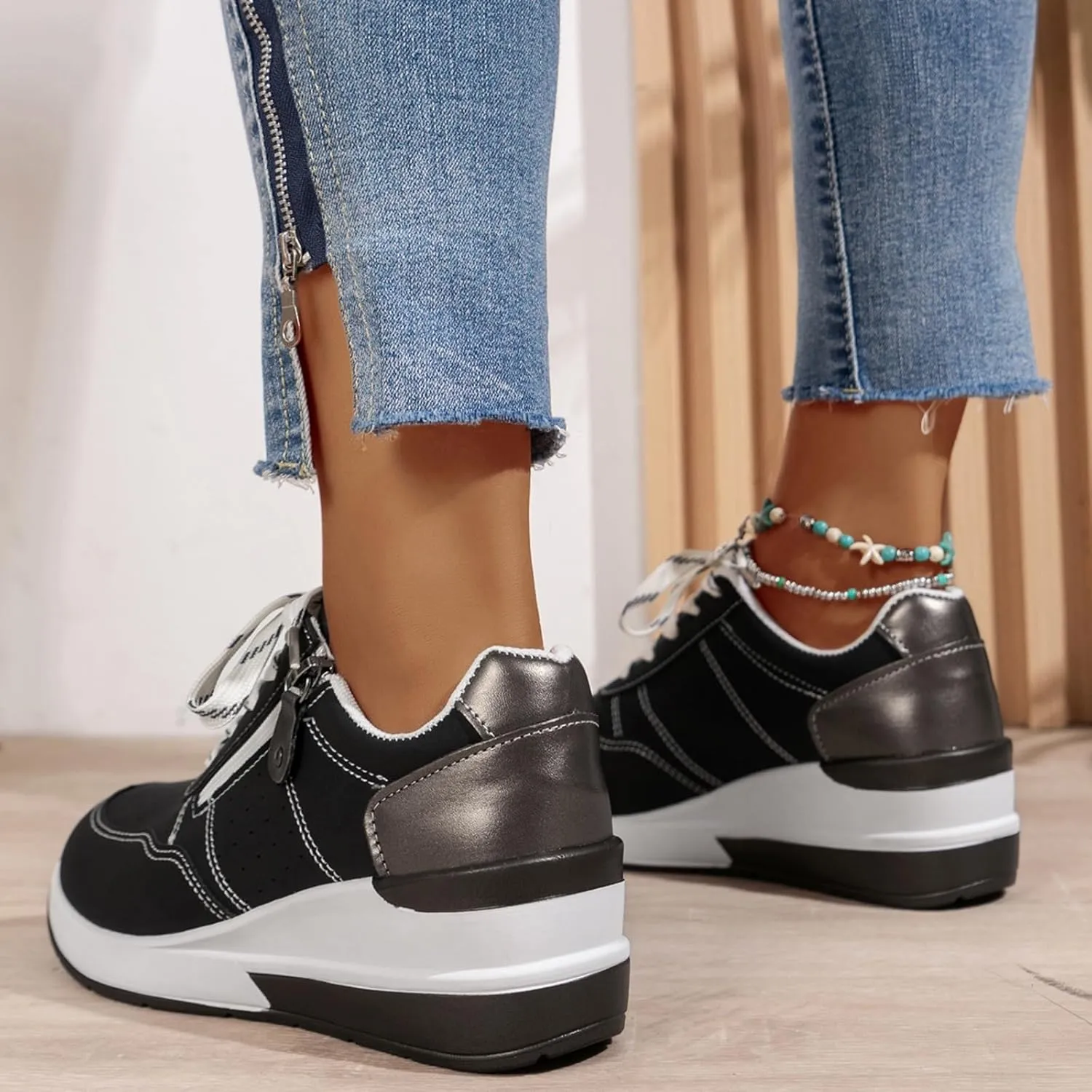 Women's Zipper Platform Tennis Shoes Wedge Sneakers Fashion Canvas Casual Hidden Heel Slip On Sneaker Non Side Low-Top Lace-Up Solid Color with Comfortable Lightweight Walking