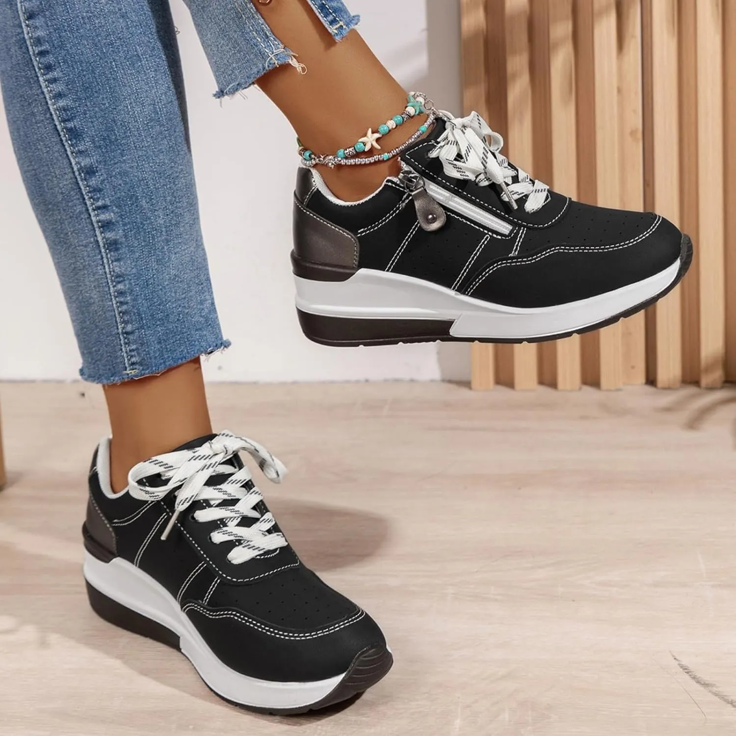 Women's Zipper Platform Tennis Shoes Wedge Sneakers Fashion Canvas Casual Hidden Heel Slip On Sneaker Non Side Low-Top Lace-Up Solid Color with Comfortable Lightweight Walking