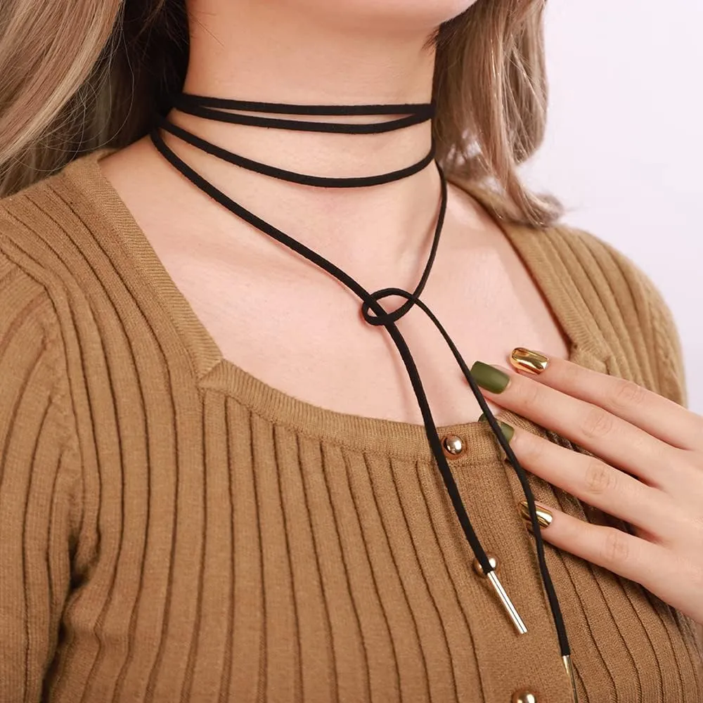 Xerling Black Velvet Wrap Around Choker Long Suede Necklaces Boho Long Pendant Y Necklaces Stacked Layered Chains Necklaces for Women (Black Silver)