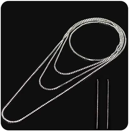 Xerling Extra Long Rhinestones Tassel Tennis Necklaces with Earrings Set for Women Boho Statement Fringe Earrings Layered Necklaces Wrap Choker Necklaces (Silver)