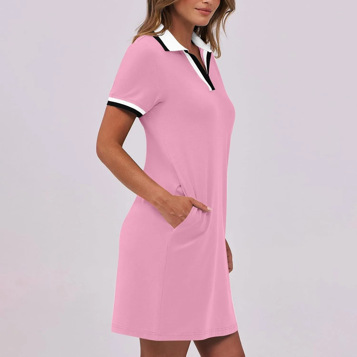 yardsong Golf Dresses for Women Tennis Workout Mini Dress Summer Casual Short Sleeve Collared V Neck Shirt Dress with Pockets