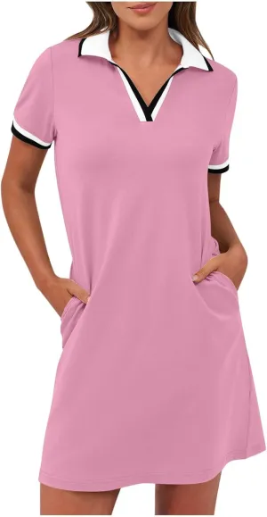 yardsong Golf Dresses for Women Tennis Workout Mini Dress Summer Casual Short Sleeve Collared V Neck Shirt Dress with Pockets